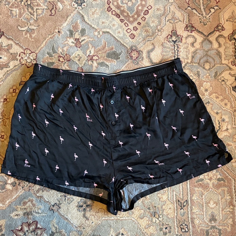 PINK Victoria's Secret Black Boxer Shorts with Pink Flamingo Print